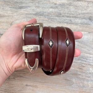 Brighton Western Leather Belt 34 Brown Silver Hardware Denver Diamond Cowboy